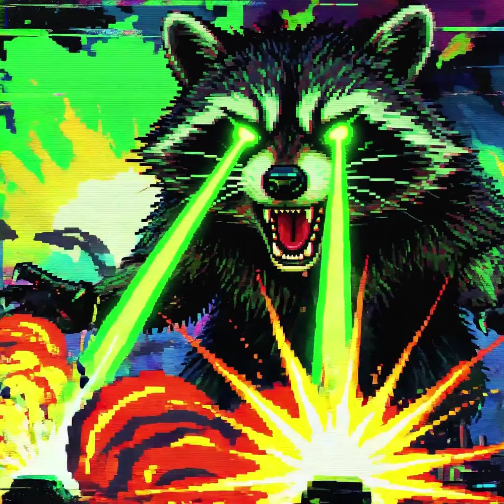 Racoonzilla laser beams strike a neon city