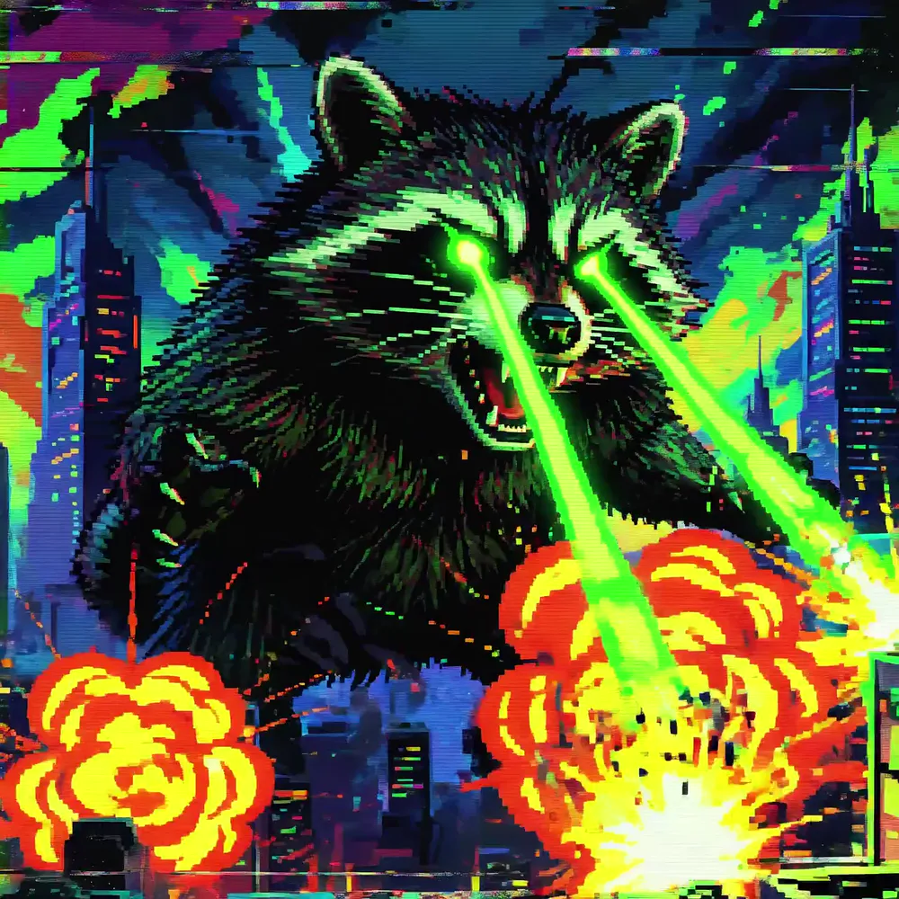 Racoonzilla towers over a burning city