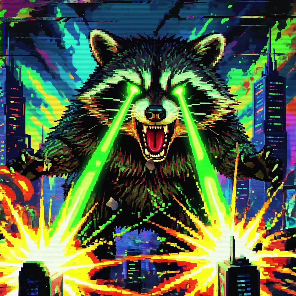 Racoonzilla fires eye beams between city explosions