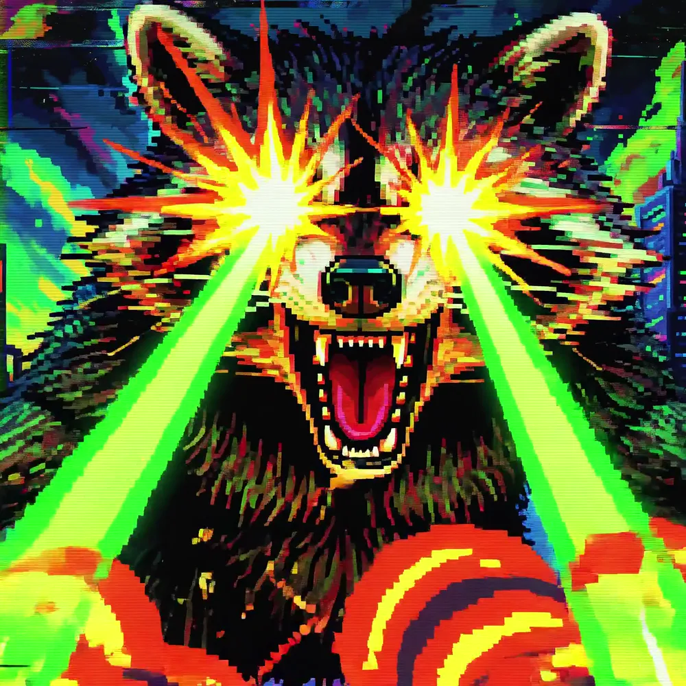 Close view of Racoonzilla roaring while firing radioactive green eye beams